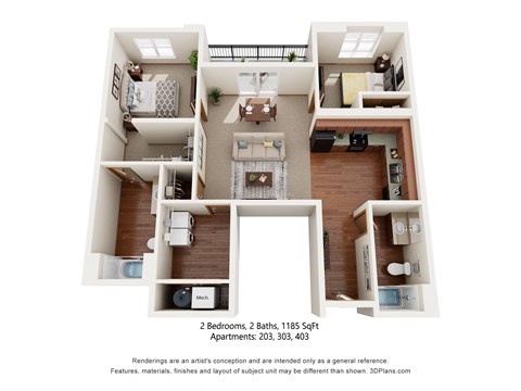 Floor plan for 2 beds, 2 baths, 1185 sqft
